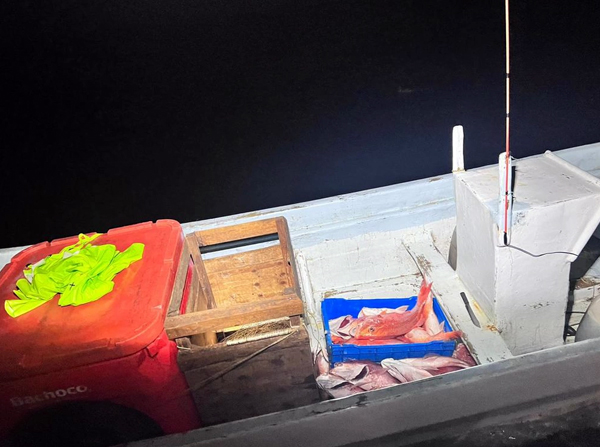 Fishing gear and illegally-caught red snapper sit aboard a lancha about 25 miles offshore southern Texas, Sept. 30, 2023.