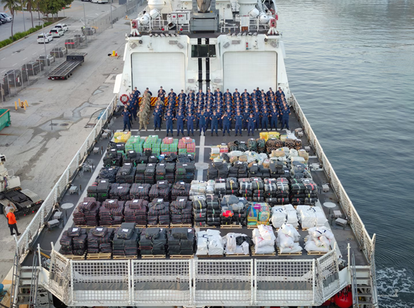 The U.S. Coast Guard Cutter Hamilton offloads more than 76,140 lbs of illicit narcotics at Port Everglades, Florida, on August 25, 2025.