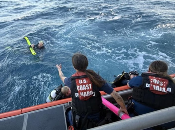 A U.S. Coast Guard Station Lake Worth Inlet boat crew rescued three divers one mile east of Palm Beach, Jan. 4, 2026. The three divers were transported ashore to awaiting emergency medical services in stable condition. (U.S. Coast Guard photo)